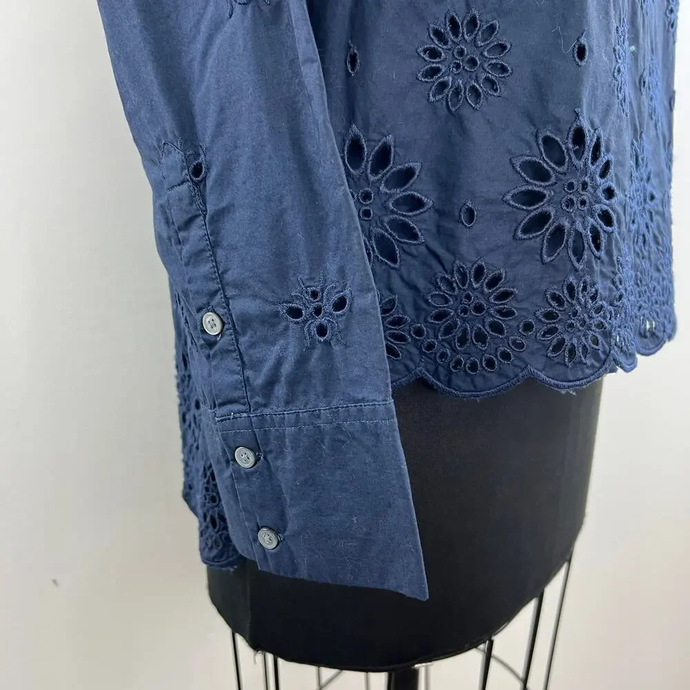 J Crew Navy Blue Eyelet FunnelNeck Mock Collar Cotton Long Sleeve Blouse Sz 12P